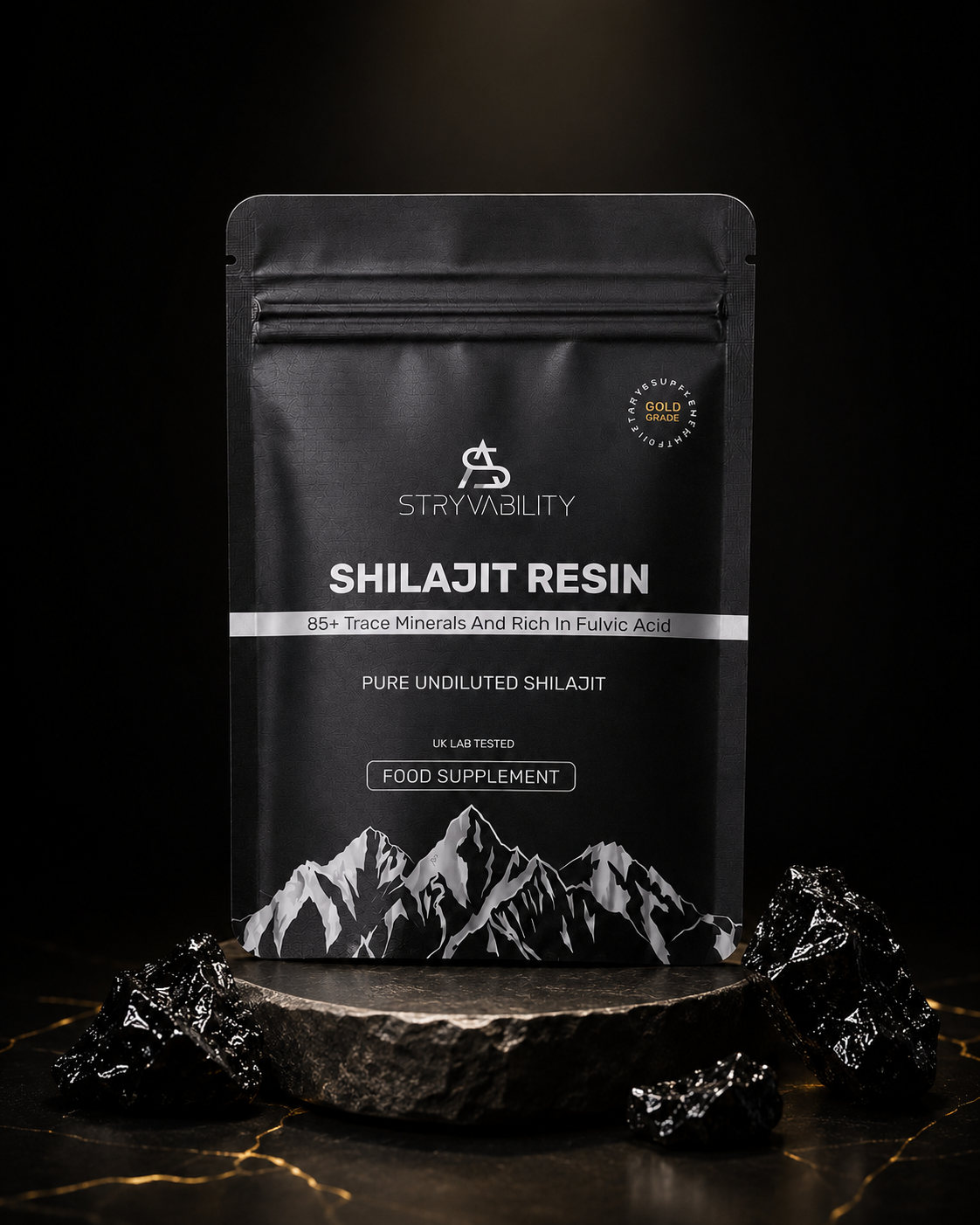STRYVABILITY Shilajit Resin packet on stone podium with resin